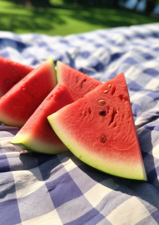 a watermelon slices on a blanketの素材