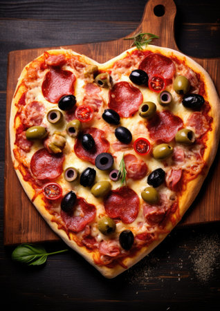 a heart shaped pizza with olives and pepperoniの素材