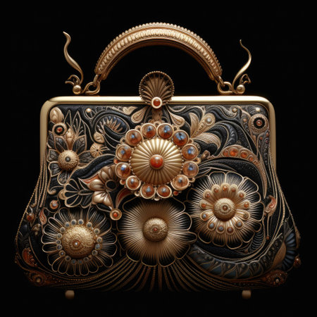 a gold and black handbag with a black backgroundの素材