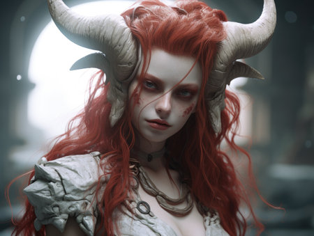 a woman with red hair and hornsの素材