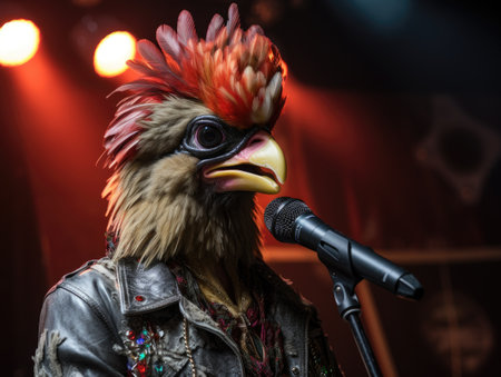 a bird wearing a mask and holding a microphoneの素材