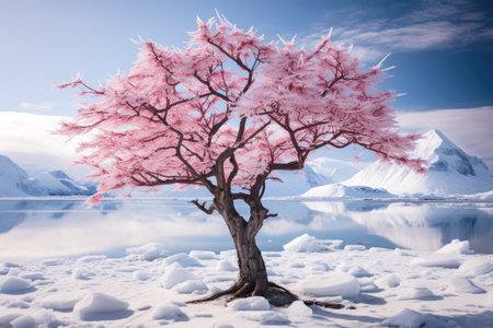 a tree with pink flowers on the snowの素材