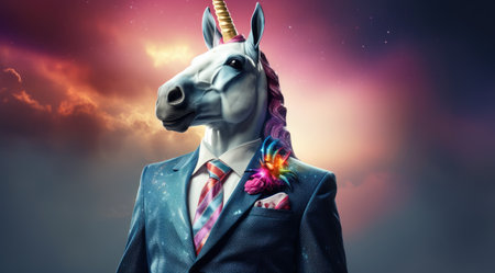 a person in a suit with a unicorn headの素材