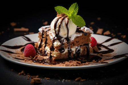 a plate of dessert with ice cream and raspberriesの素材