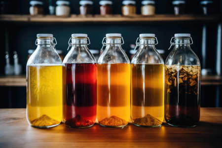 bottles of liquid in a rowの素材
