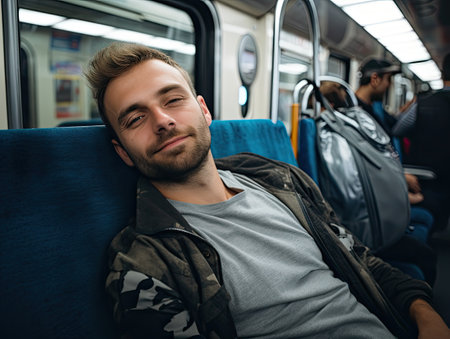 a man lying on a trainの素材