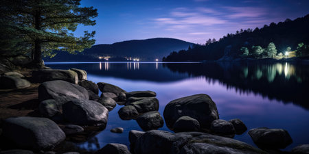 a lake with rocks and trees in the backgroundの素材