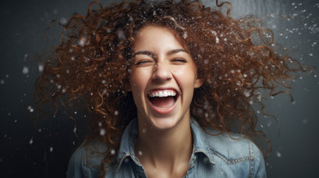 a woman with curly hair laughingの素材