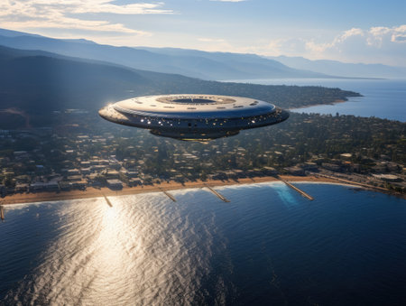 a ufo flying over a cityの素材