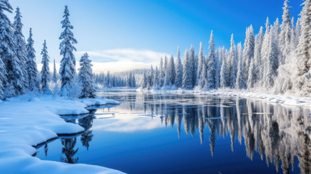 a lake with snow covered trees and blue skyの素材