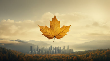 a yellow leaf floating over a cityの素材