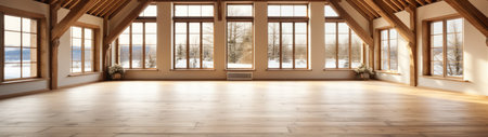 a room with large windows and wood floorsの素材