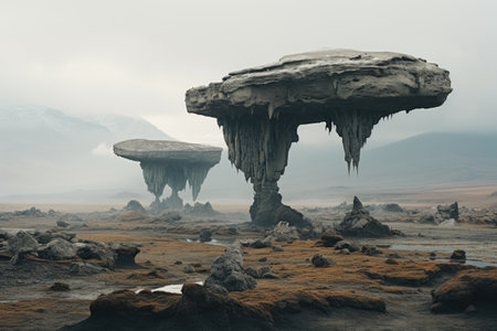 a group of rock formations in a desert with Karl G. Jansky Very Large Array in the backgroundの素材
