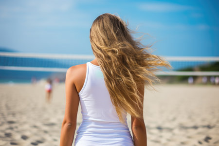 a woman with long blonde hair on a beachの素材