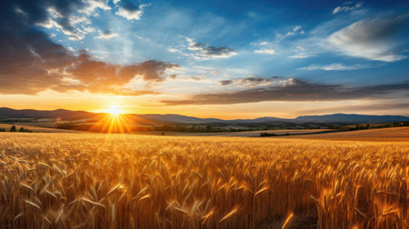 a field of wheat with the sun shining through the cloudsの素材
