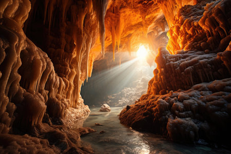 a cave with water and stalactitesの素材