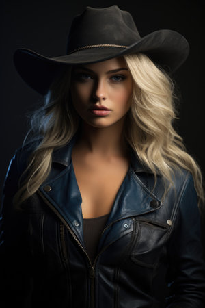 a woman wearing a hat and leather jacketの素材