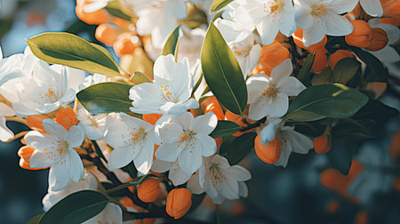 a close up of white flowers and orange budsの素材