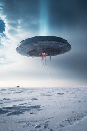 a ufo in the sky over a snowy landscapeの素材