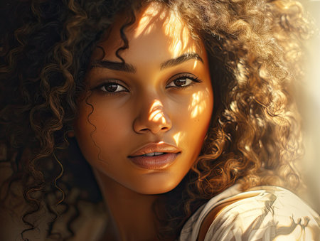 a woman with curly hair and shadows on her faceの素材