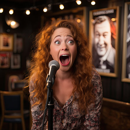a woman singing into a microphoneの素材