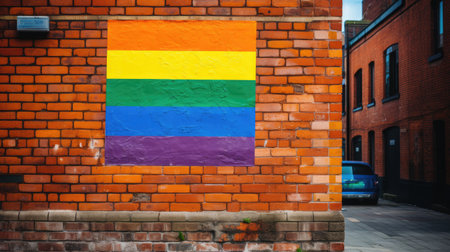a rainbow flag painted on a brick wallの素材