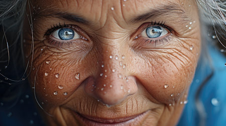 close up of a woman's face with water droplets on her faceの素材