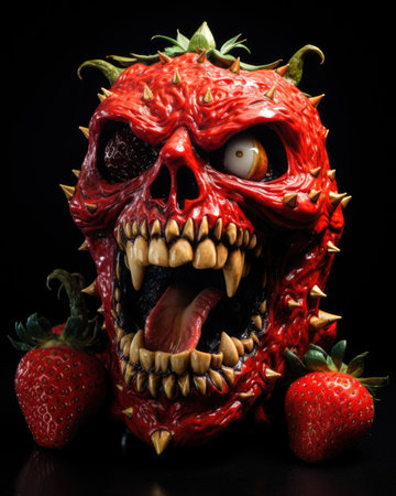 a red skull with a strawberry faceの素材