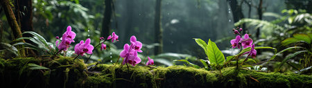purple flowers on a mossy surfaceの素材