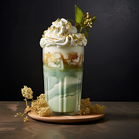 a glass with a drink on a plateの素材