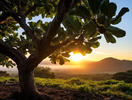 a tree with a sunset behind itの素材