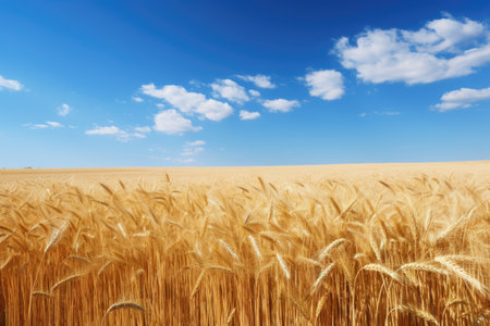 a field of wheat under a blue skyの素材