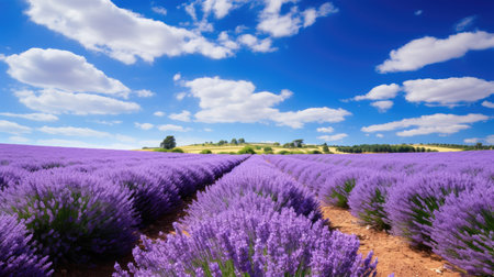 a field of lavender with blue sky and cloudsの素材