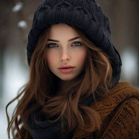 a woman wearing a knit hat and scarfの素材