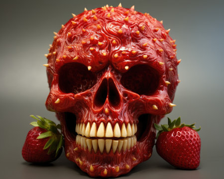 a red skull with spikes on it next to strawberriesの素材