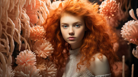 a woman with red hair and pearlsの素材