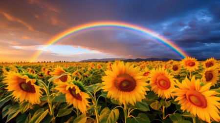 a rainbow over a field of sunflowersの素材