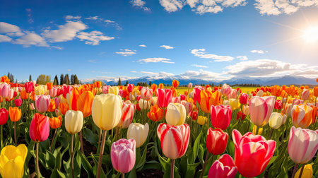 a field of tulips with mountains in the backgroundの素材