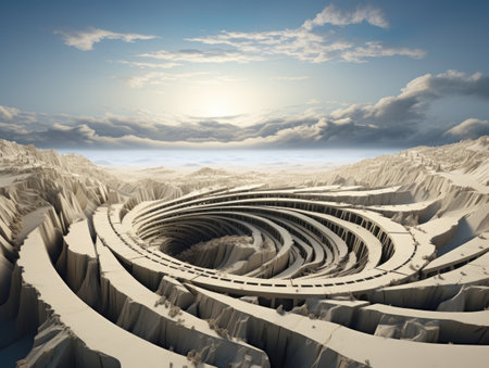 a spiraling stone structure in a desertの素材