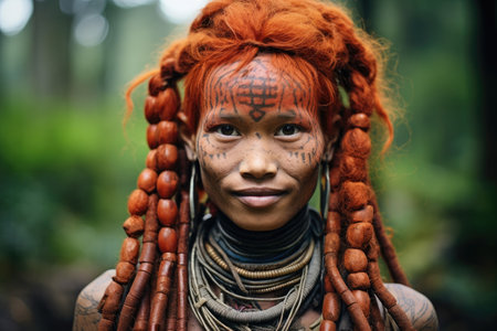 a woman with red hair and red braids and tattoosの素材
