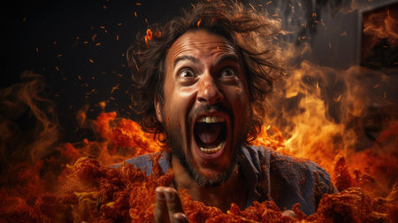 a man with his mouth open and flames in the backgroundの素材