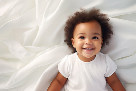 a baby lying on a white sheetの素材