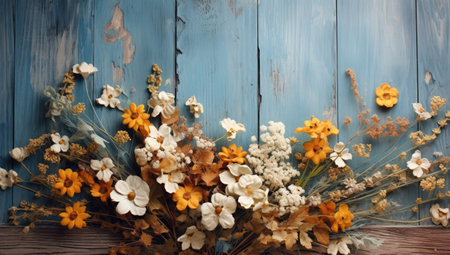 a bunch of flowers on a blue wood surfaceの素材