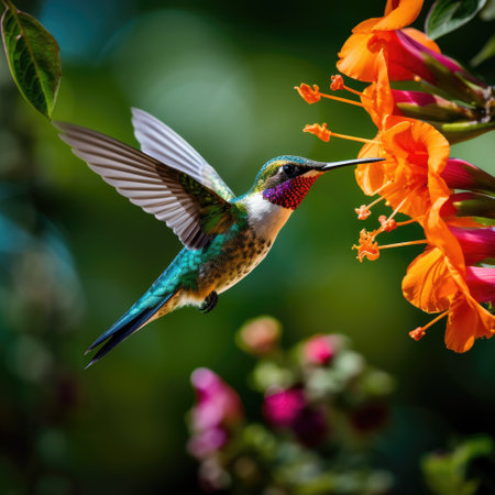 a hummingbird flying next to a flowerの素材