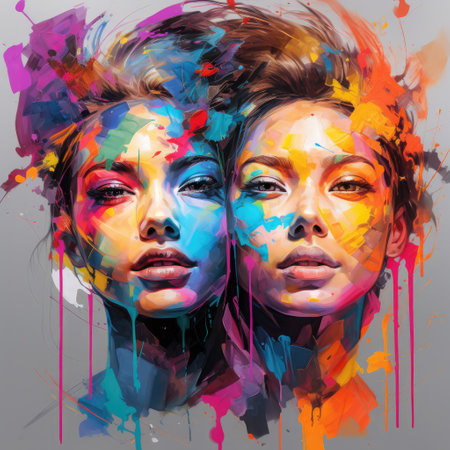 a painting of women with colorful paint on their facesの素材