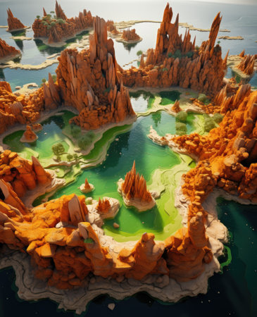 a aerial view of a rocky island with waterの素材