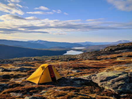 a yellow tent on a rocky mountainの素材