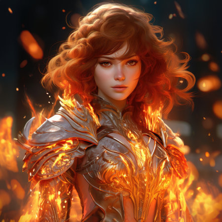 a woman in a armor with fire coming out of her chestの素材