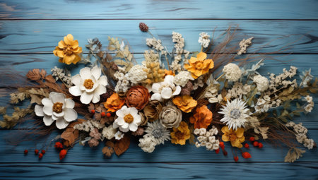 a group of flowers on a blue wood surfaceの素材