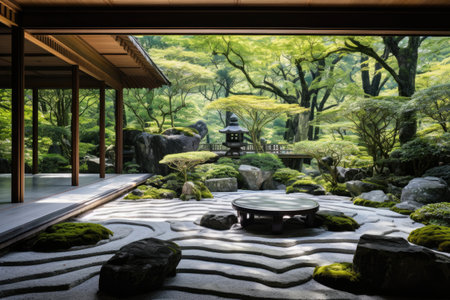 a japanese garden with a stone patio and a stone structureの素材